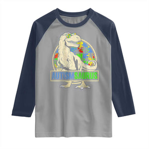 Funny Autism Awareness Dinosaur Raglan Shirt Autismsaurus Puzzle Pieces TS11 Sport Gray Navy Print Your Wear