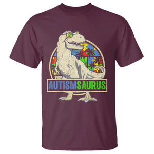 Funny Autism Awareness Dinosaur T Shirt Autismsaurus Puzzle Pieces TS11 Maroon Print Your Wear