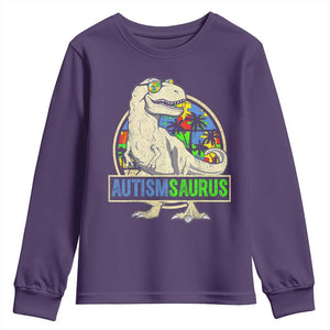Funny Autism Awareness Dinosaur Youth Sweatshirt Autismsaurus Puzzle Pieces TS11 Purple Print Your Wear
