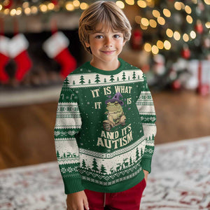 Funny It Is What It Is And It's Autism Ugly Christmas Sweater Meme Autism Awareness Frog TS11 Forest Green Beige Print Your Wear