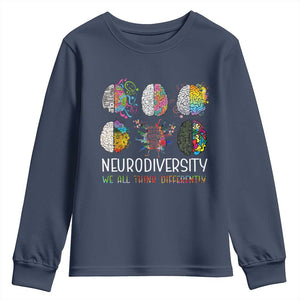 Neurodiversity We All Think Differently Youth Sweatshirt Brain Autism Awareness ASD ADHD TS11 Navy Print Your Wear