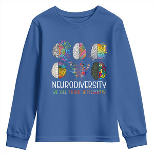 Neurodiversity We All Think Differently Youth Sweatshirt Brain Autism Awareness ASD ADHD TS11 Royal Blue Print Your Wear
