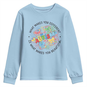 Funny Autism Awareness What Makes You Different Is What Makes You Beautiful Youth Sweatshirt Coquette Puzzle TS11 Light Blue Print Your Wear