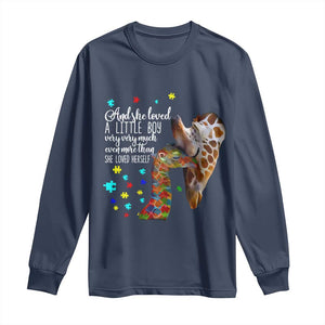 And She Loved A Little Boy Very Much Even More Than She Loved Herself Long Sleeve Shirt Autism Awareness Giraffes TS11 Navy Print Your Wear