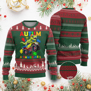Funny Autism Awareness Dinosaur Ugly Christmas Sweater Autism Arawrrness Monster Truck Puzzle Pieces TS11 Red Green Print Your Wear