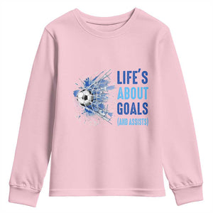 Soccer Lover Youth Sweatshirt Life's About Goals And Assists Coach TS11 Light Pink Print Your Wear