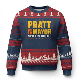 Pratt For Mayor Save Los Angeles Ugly Christmas Sweater Spencer Supporter TS11 Navy Red Print Your Wear