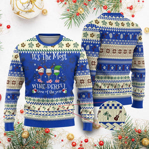 Funny Xmas In July Ugly Christmas Sweater It's The Most Winederful Time Of The Year Wine Glasses Flower TS11 Blue Print Your Wear