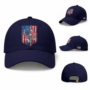Funny Bass Fish Fishing Vintage American Flag Patriotic Baseball Cap TS11 Baseball Cap Universal Fit Dark Blue Print Your Wear