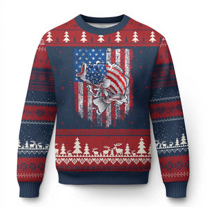Funny Bass Fish Fishing Vintage American Flag Patriotic Ugly Christmas Sweater TS11 Navy Red Print Your Wear