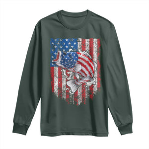 Funny Bass Fish Fishing Vintage American Flag Patriotic Long Sleeve Shirt TS11 Dark Forest Green Print Your Wear