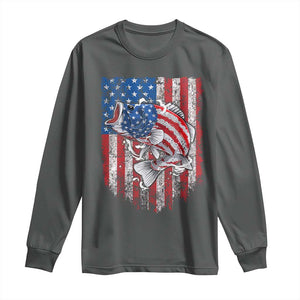 Funny Bass Fish Fishing Vintage American Flag Patriotic Long Sleeve Shirt TS11 Dark Heather Print Your Wear