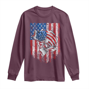 Funny Bass Fish Fishing Vintage American Flag Patriotic Long Sleeve Shirt TS11 Maroon Print Your Wear