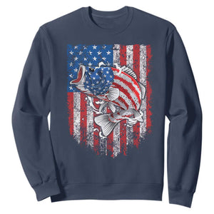 Funny Bass Fish Fishing Vintage American Flag Patriotic Sweatshirt TS11 Navy Print Your Wear