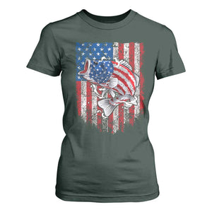 Funny Bass Fish Fishing Vintage American Flag Patriotic T Shirt For Women TS11 Dark Forest Green Print Your Wear