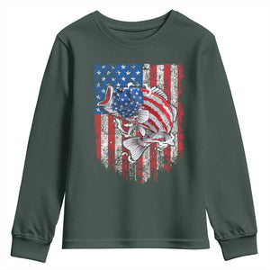 Funny Bass Fish Fishing Vintage American Flag Patriotic Youth Sweatshirt TS11 Dark Forest Green Print Your Wear