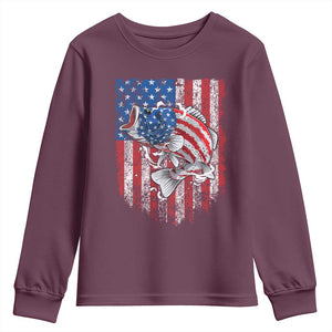 Funny Bass Fish Fishing Vintage American Flag Patriotic Youth Sweatshirt TS11 Maroon Print Your Wear
