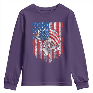 Funny Bass Fish Fishing Vintage American Flag Patriotic Youth Sweatshirt TS11 Purple Print Your Wear