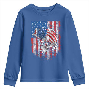 Funny Bass Fish Fishing Vintage American Flag Patriotic Youth Sweatshirt TS11 Royal Blue Print Your Wear