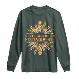 Native American Heritage Month Long Sleeve Shirt Indigenous Pride Feathers TS11 Dark Forest Green Print Your Wear