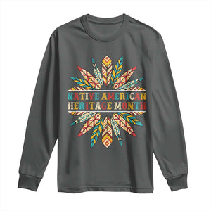 Native American Heritage Month Long Sleeve Shirt Indigenous Pride Feathers TS11 Dark Heather Print Your Wear