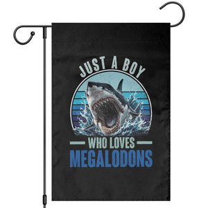 Just A Boy Who Loves Megalodons Garden Flag Megalodon Shark Lover Retro Graphic