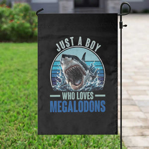 Just A Boy Who Loves Megalodons Garden Flag Megalodon Shark Lover Retro Graphic