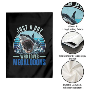 Just A Boy Who Loves Megalodons Garden Flag Megalodon Shark Lover Retro Graphic