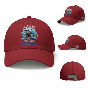 Just A Boy Who Loves Megalodons Baseball Cap Megalodon Shark Lover Retro Graphic