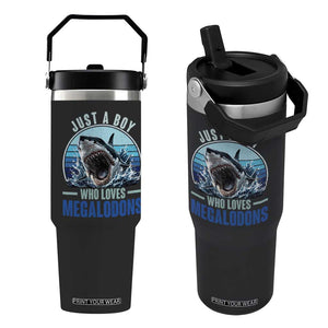 Just A Boy Who Loves Megalodons Flip Straw Tumbler Megalodon Shark Lover Retro Graphic