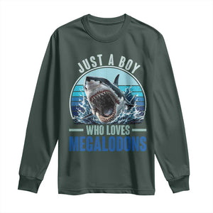 Just A Boy Who Loves Megalodons Long Sleeve Shirt Megalodon Shark Lover Retro Graphic