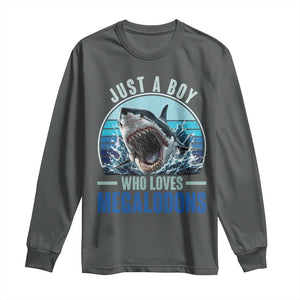Just A Boy Who Loves Megalodons Long Sleeve Shirt Megalodon Shark Lover Retro Graphic