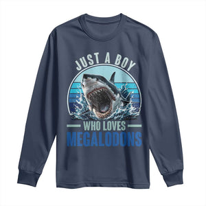 Just A Boy Who Loves Megalodons Long Sleeve Shirt Megalodon Shark Lover Retro Graphic