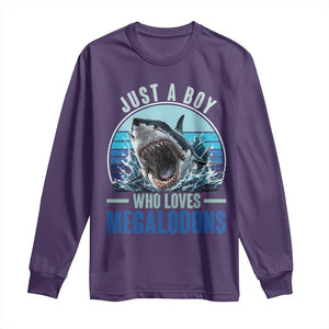 Just A Boy Who Loves Megalodons Long Sleeve Shirt Megalodon Shark Lover Retro Graphic