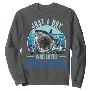 Just A Boy Who Loves Megalodons Sweatshirt Megalodon Shark Lover Retro Graphic
