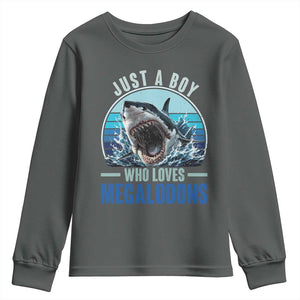 Just A Boy Who Loves Megalodons Youth Sweatshirt Megalodon Shark Lover Retro Graphic