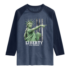 Liberty Has Spoken Raglan Shirt Funny Basketball Statue of Liberty Pointing Meme TS11 Heather Denim Navy Print Your Wear