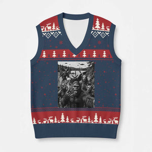 Funny Cryptid Creatures Selfie V-Neck Knit Sweater Vest Bigfoot Alien Cryptozoology Fantasy Mythical Monsters