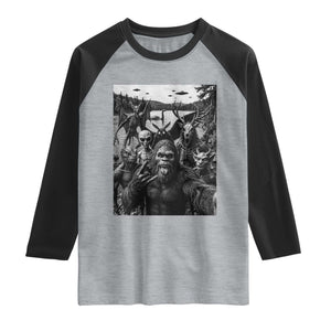 Funny Cryptid Creatures Selfie Raglan Shirt Bigfoot Alien Cryptozoology Fantasy Mythical Monsters