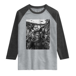 Funny Cryptid Creatures Selfie Raglan Shirt Bigfoot Alien Cryptozoology Fantasy Mythical Monsters