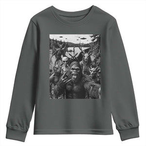 Funny Cryptid Creatures Selfie Youth Sweatshirt Bigfoot Alien Cryptozoology Fantasy Mythical Monsters
