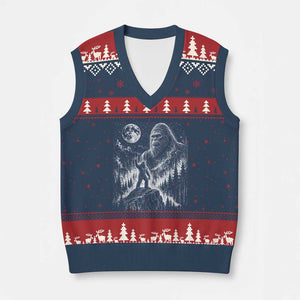Bigfoot Howling at Moon Mystical Forest V-Neck Knit Sweater Vest Funny Sasquatch Nature Lover