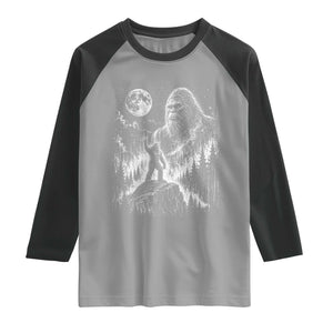 Bigfoot Howling at Moon Mystical Forest Raglan Shirt Funny Sasquatch Nature Lover
