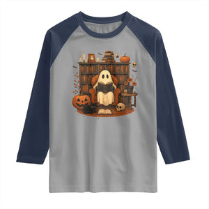 Halloween Book Lover Raglan Shirt Spooky Ghost Reading Book Librarians Bookworm TS11 Sport Gray Navy Print Your Wear