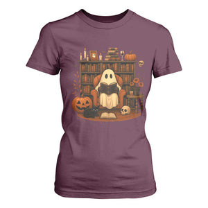 Halloween Book Lover T Shirt For Women Spooky Ghost Reading Book Librarians Bookworm TS11 Maroon Print Your Wear