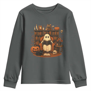 Halloween Book Lover Youth Sweatshirt Spooky Ghost Reading Book Librarians Bookworm TS11 Dark Heather Print Your Wear