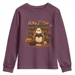 Halloween Book Lover Youth Sweatshirt Spooky Ghost Reading Book Librarians Bookworm TS11 Maroon Print Your Wear