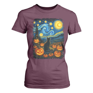 Halloween Cat Starry Night Van Gogh Cat Lovers T Shirt For Women TS11 Maroon Print Your Wear