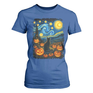 Halloween Cat Starry Night Van Gogh Cat Lovers T Shirt For Women TS11 Royal Blue Print Your Wear
