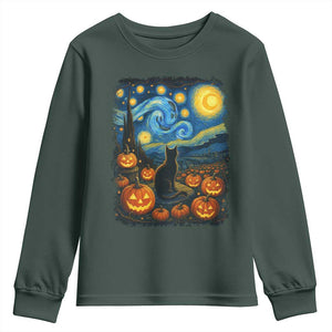Halloween Cat Starry Night Van Gogh Cat Lovers Youth Sweatshirt TS11 Dark Forest Green Print Your Wear